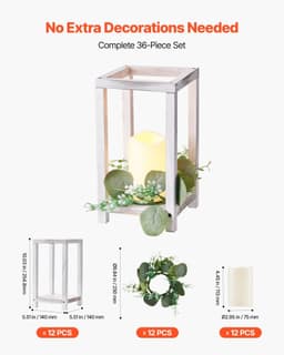 image-VEVOR 12 Set/36 Pcs Wooden Wedding Lantern Centerpiece, Includes 12 Wooden Lantern Candle Holder 12 Flameless LED Candle 12 Eucalyptus Leaves Wreath for Wedding Table Party Farmhouse Decor, White