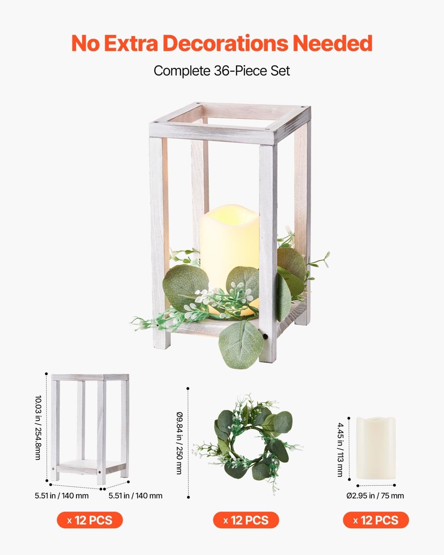 image-VEVOR 12 Set/36 Pcs Wooden Wedding Lantern Centerpiece, Includes 12 Wooden Lantern Candle Holder 12 Flameless LED Candle 12 Eucalyptus Leaves Wreath for Wedding Table Party Farmhouse Decor, White