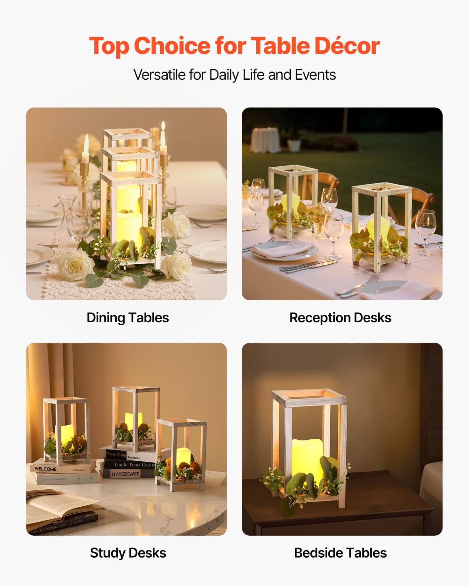 image-VEVOR 12 Set/36 Pcs Wooden Wedding Lantern Centerpiece, Includes 12 Wooden Lantern Candle Holder 12 Flameless LED Candle 12 Eucalyptus Leaves Wreath for Wedding Table Party Farmhouse Decor, White