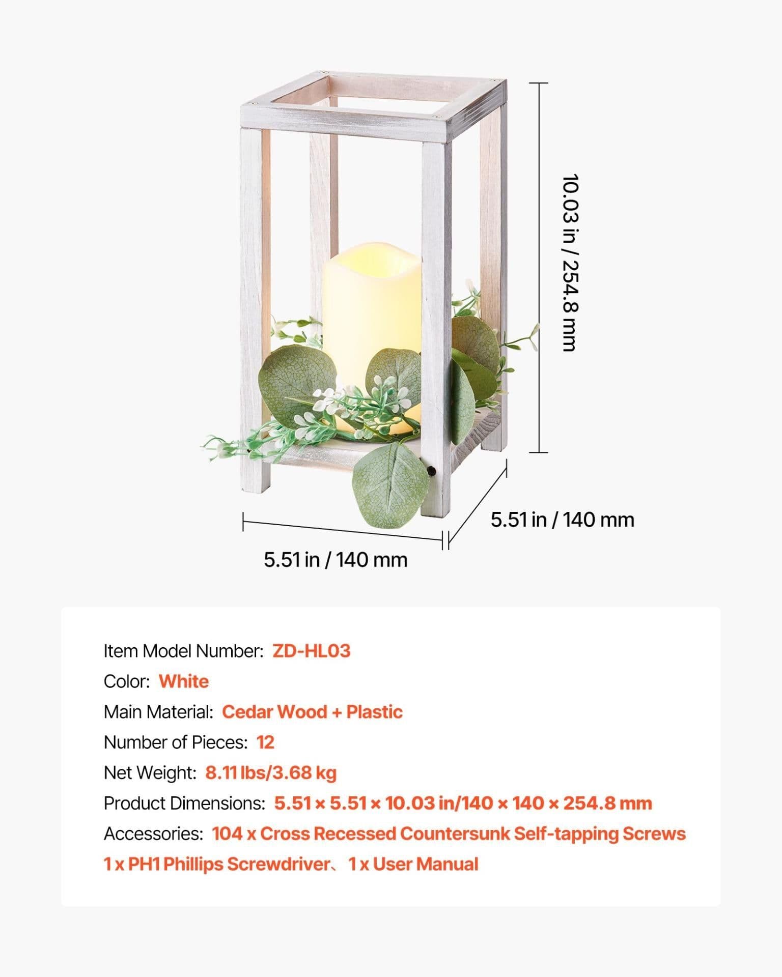 image-VEVOR 12 Set/36 Pcs Wooden Wedding Lantern Centerpiece, Includes 12 Wooden Lantern Candle Holder 12 Flameless LED Candle 12 Eucalyptus Leaves Wreath for Wedding Table Party Farmhouse Decor, White