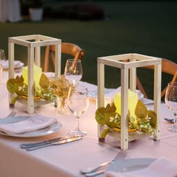 image-VEVOR 12 Set/36 Pcs Wooden Wedding Lantern Centerpiece, Includes 12 Wooden Lantern Candle Holder 12 Flameless LED Candle 12 Eucalyptus Leaves Wreath for Wedding Table Party Farmhouse Decor, White