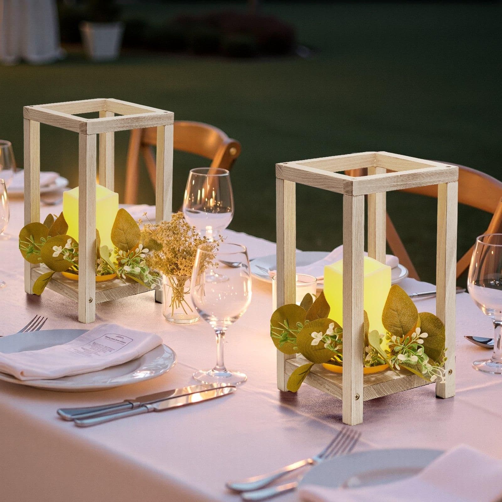 image-VEVOR 12 Set/36 Pcs Wooden Wedding Lantern Centerpiece, Includes 12 Wooden Lantern Candle Holder 12 Flameless LED Candle 12 Eucalyptus Leaves Wreath for Wedding Table Party Farmhouse Decor, White