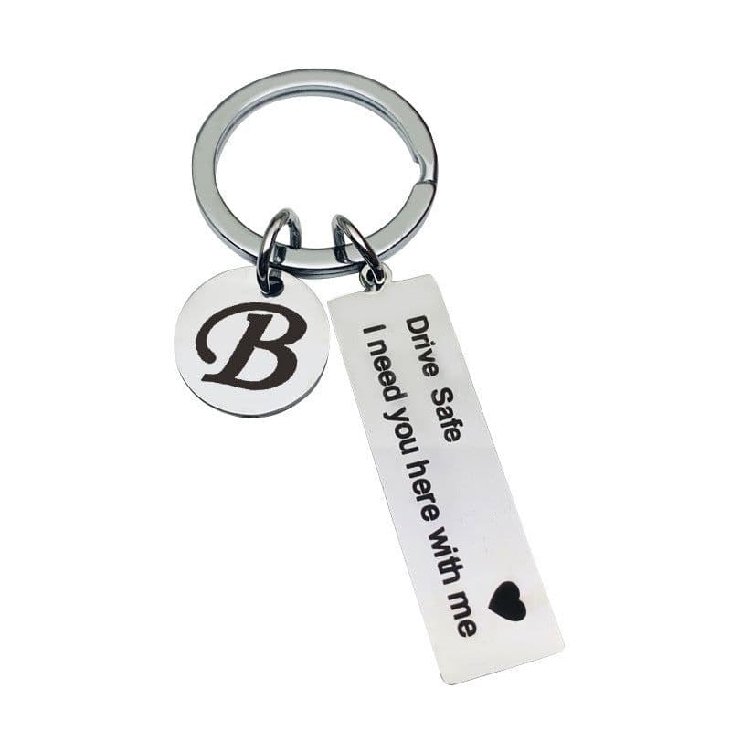image-Stainless Steel Keychain - 26 Letters Round Plate