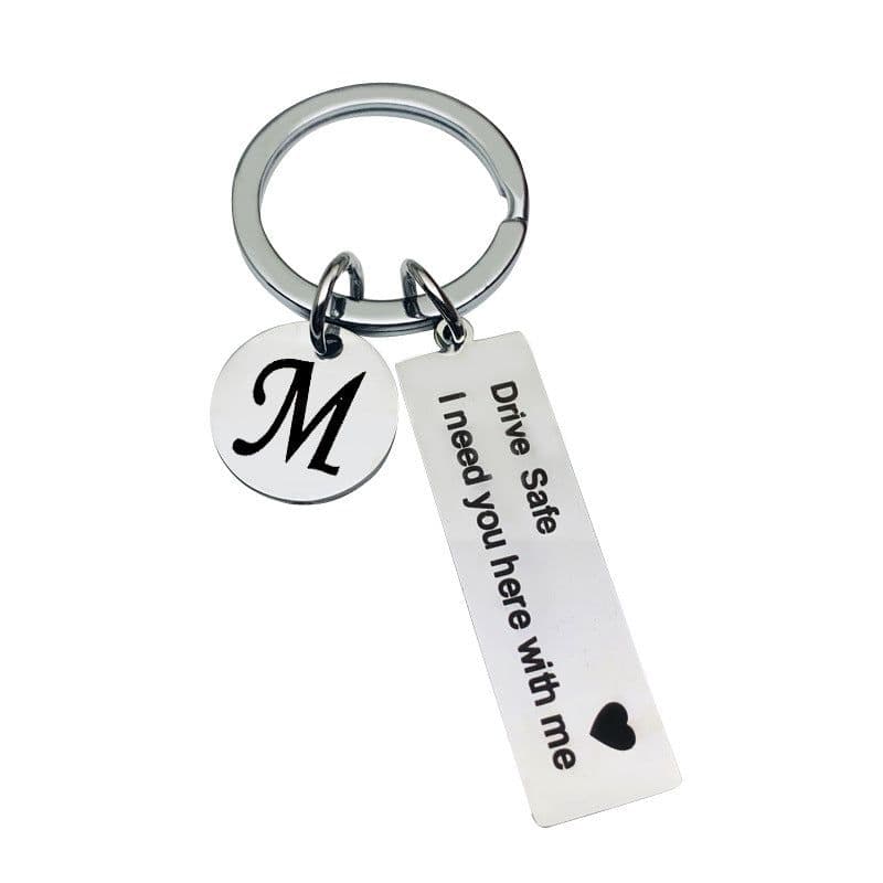 image-Stainless Steel Keychain - 26 Letters Round Plate
