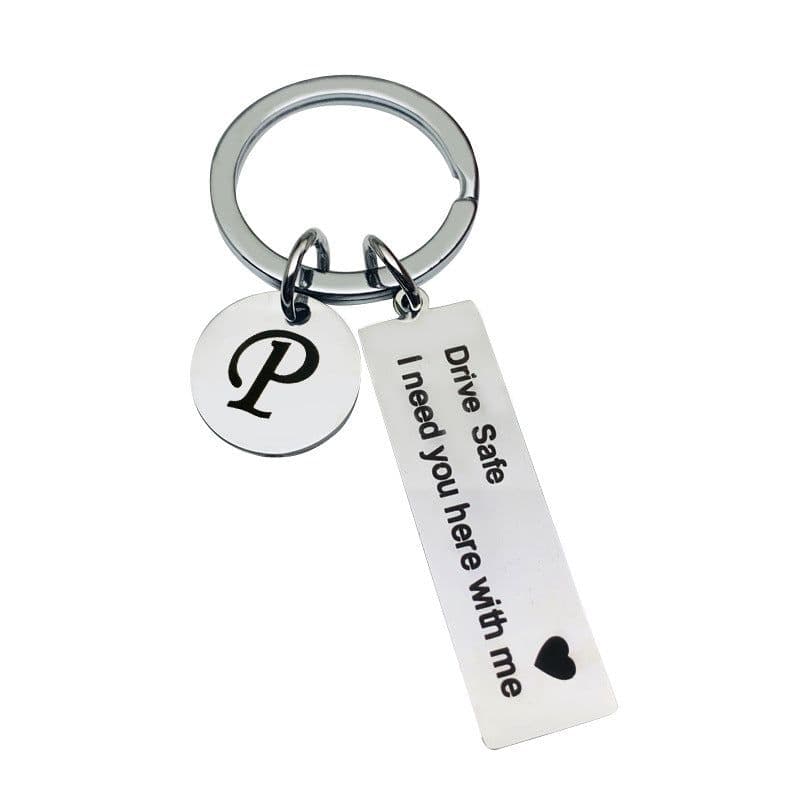 image-Stainless Steel Keychain - 26 Letters Round Plate