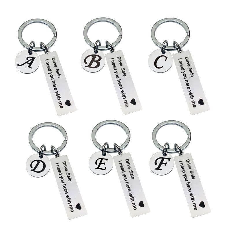 image-Stainless Steel Keychain - 26 Letters Round Plate
