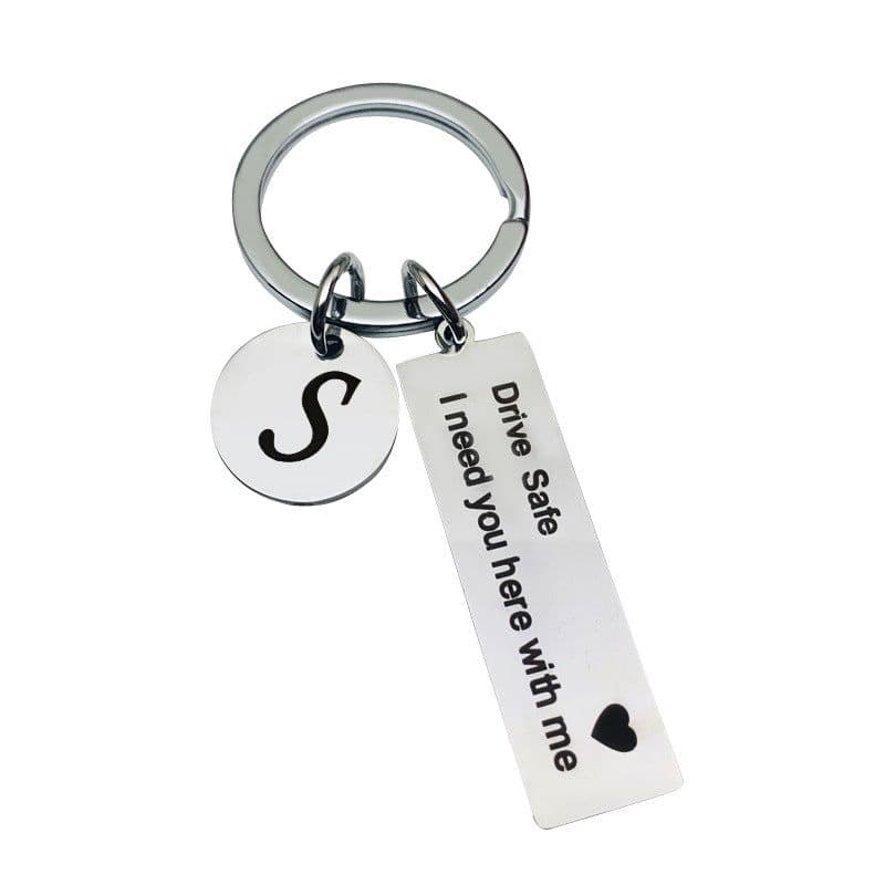 image-Stainless Steel Keychain - 26 Letters Round Plate