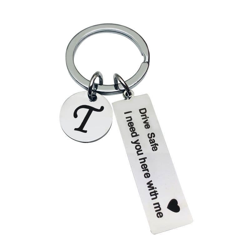 image-Stainless Steel Keychain - 26 Letters Round Plate