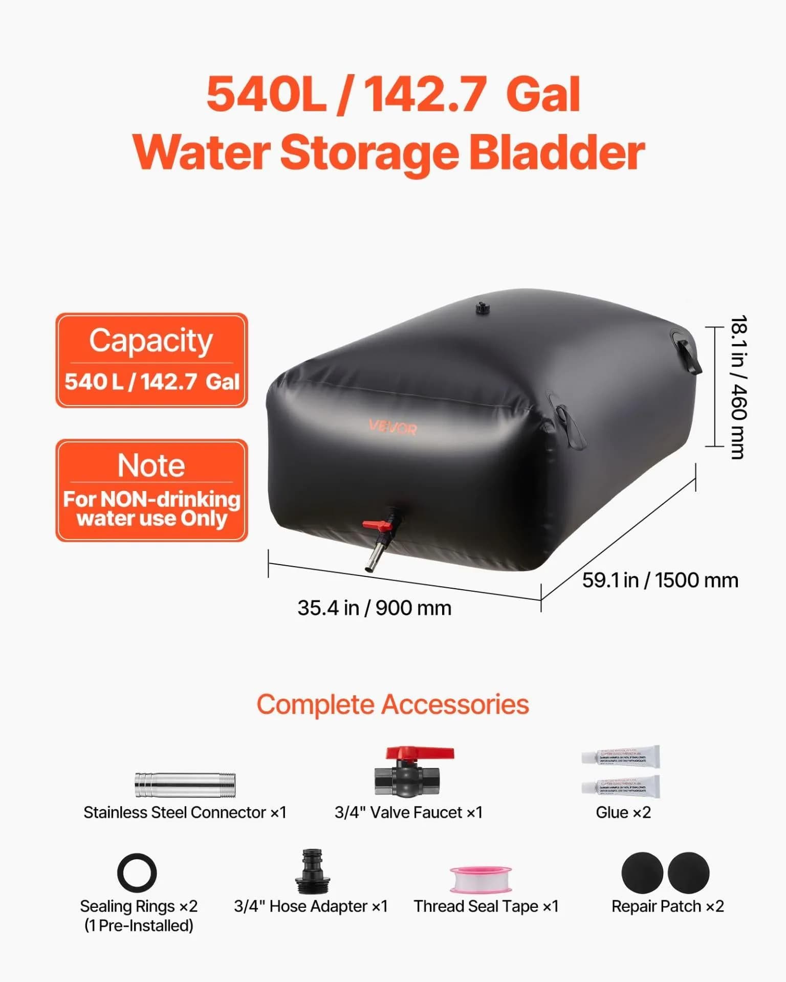image-VEVOR Water Storage Bladder 142.7 Gallon Large Capacity Water Bag, Portable & Collapsible Soft Waters Container, Leakproof & Tear-Resistant PVC Emergency Waters Storage Tank for RV Truck & Outdoor Use
