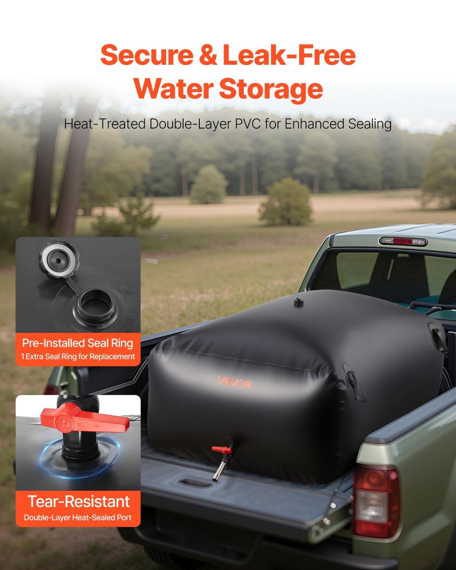 image-VEVOR Water Storage Bladder 142.7 Gallon Large Capacity Water Bag, Portable & Collapsible Soft Waters Container, Leakproof & Tear-Resistant PVC Emergency Waters Storage Tank for RV Truck & Outdoor Use