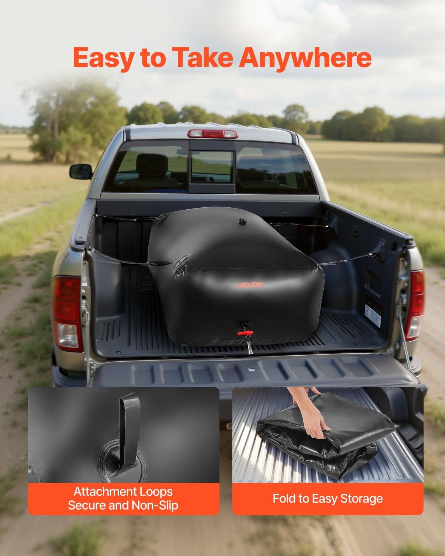image-VEVOR Water Storage Bladder 142.7 Gallon Large Capacity Water Bag, Portable & Collapsible Soft Waters Container, Leakproof & Tear-Resistant PVC Emergency Waters Storage Tank for RV Truck & Outdoor Use