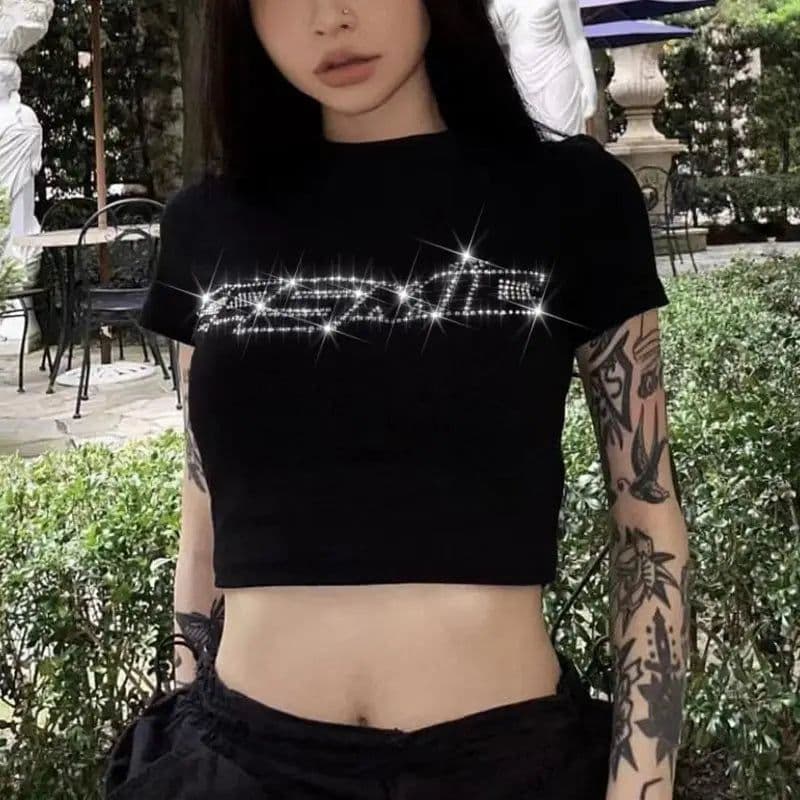 image-ZSSKASLCN Rhinestone Y2K T Shirt Women Short Sleeve Crop Top