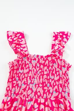 image-Pink Leopard Ruffle Straps Smocked High Waist Long Dress