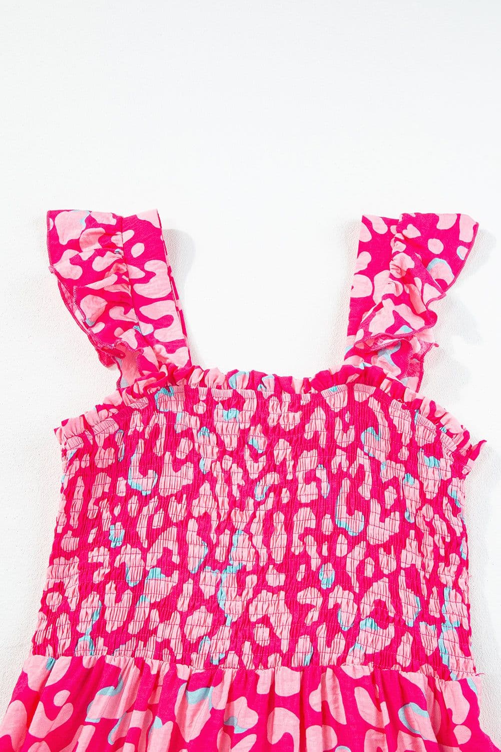 image-Pink Leopard Ruffle Straps Smocked High Waist Long Dress