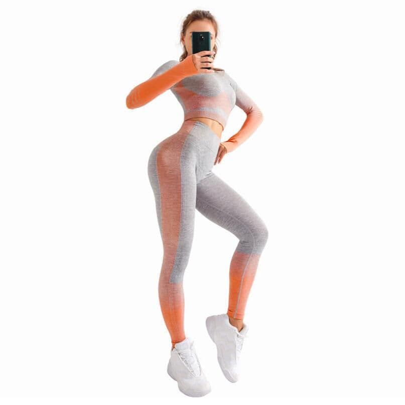 image-High elasticity seamless sports yoga clothing training fitness clothing two-piece suiset with navel short long-sleeved hip-lifting tight-fitting sportst