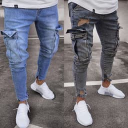 image-Men's Jeans - Nostalgic Blue Knee Hole Zipper 4XL