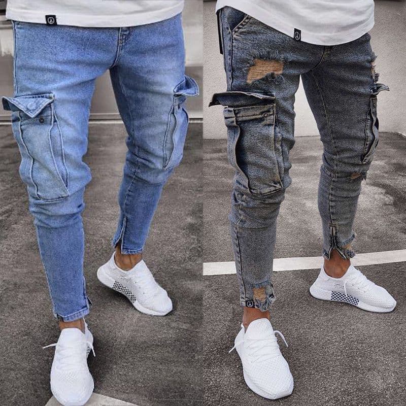 image-Men's Jeans - Nostalgic Blue Knee Hole Zipper 4XL