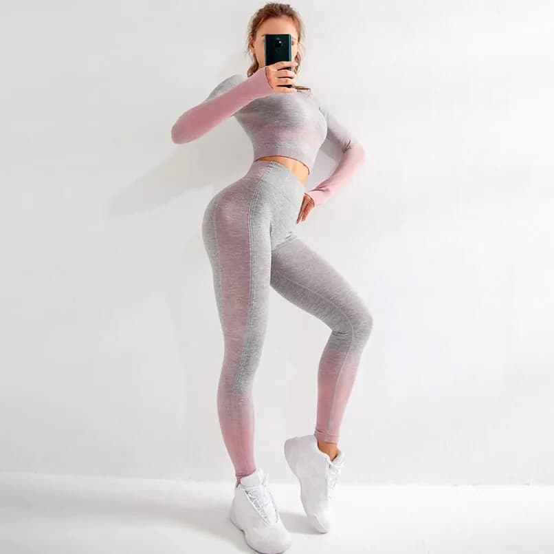 image-High elasticity seamless sports yoga clothing training fitness clothing two-piece suiset with navel short long-sleeved hip-lifting tight-fitting sportst