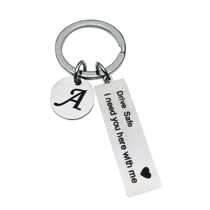 image-Stainless Steel Keychain - 26 Letters Round Plate