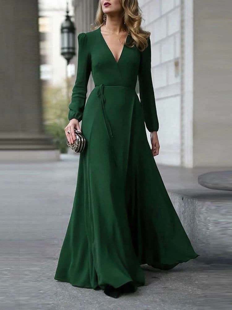 image-Cross-border European and American dress V-neck long-sleeved big swing tie slim temperament long skirt women's spot multi-color
