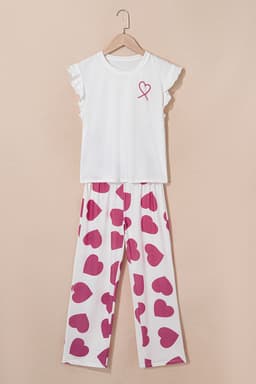 image-Pink Ruffled Tank Top And Heart Print Pants Lounge Set