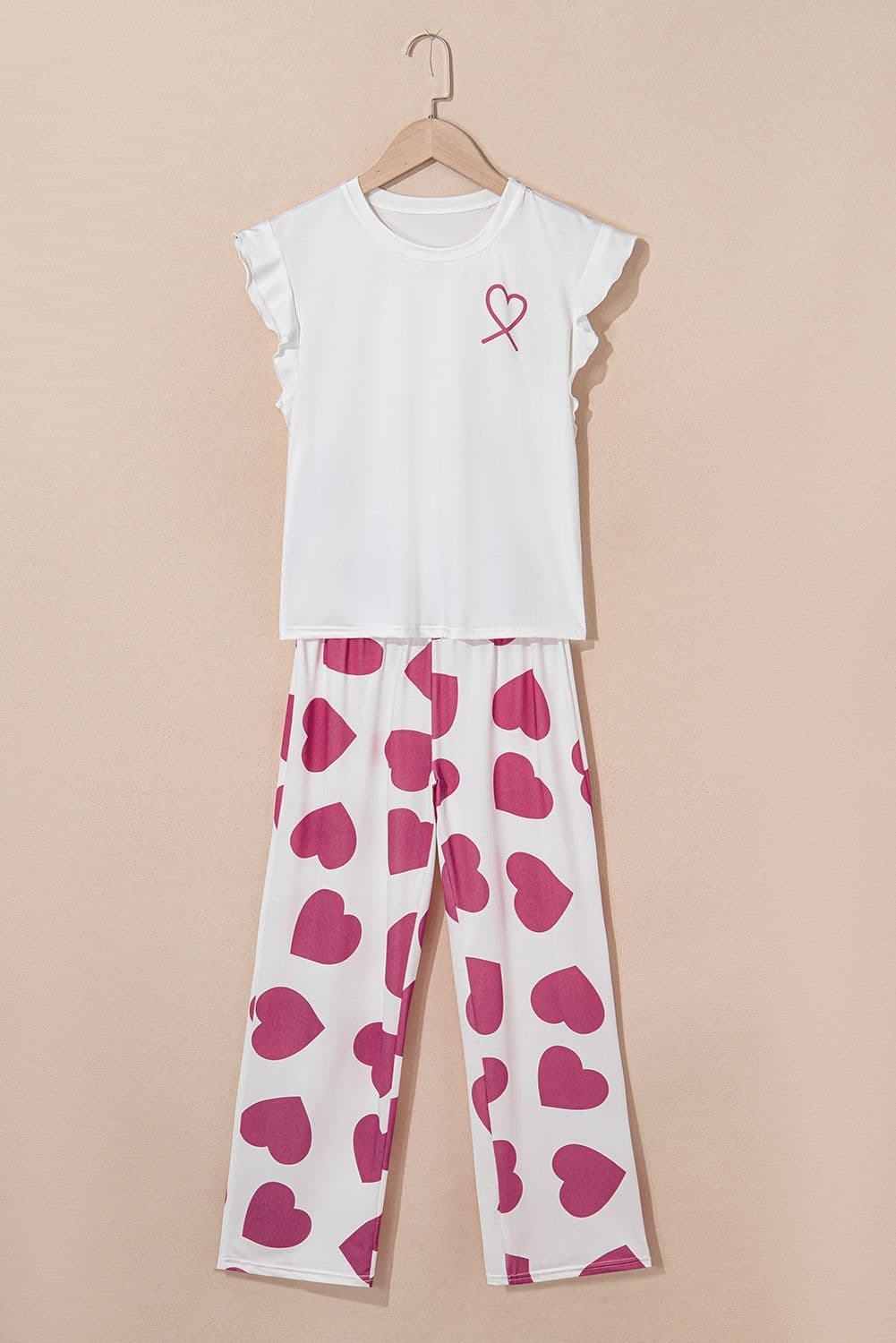 image-Pink Ruffled Tank Top And Heart Print Pants Lounge Set