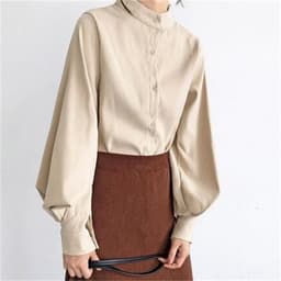 image-Blue Stand-Collar Lantern Sleeve Shirt XL Loose