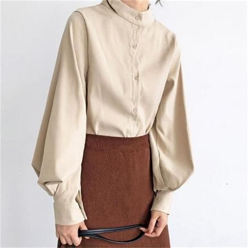 image-Blue Stand-Collar Lantern Sleeve Shirt XL Loose