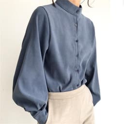 image-Blue Stand-Collar Lantern Sleeve Shirt XL Loose