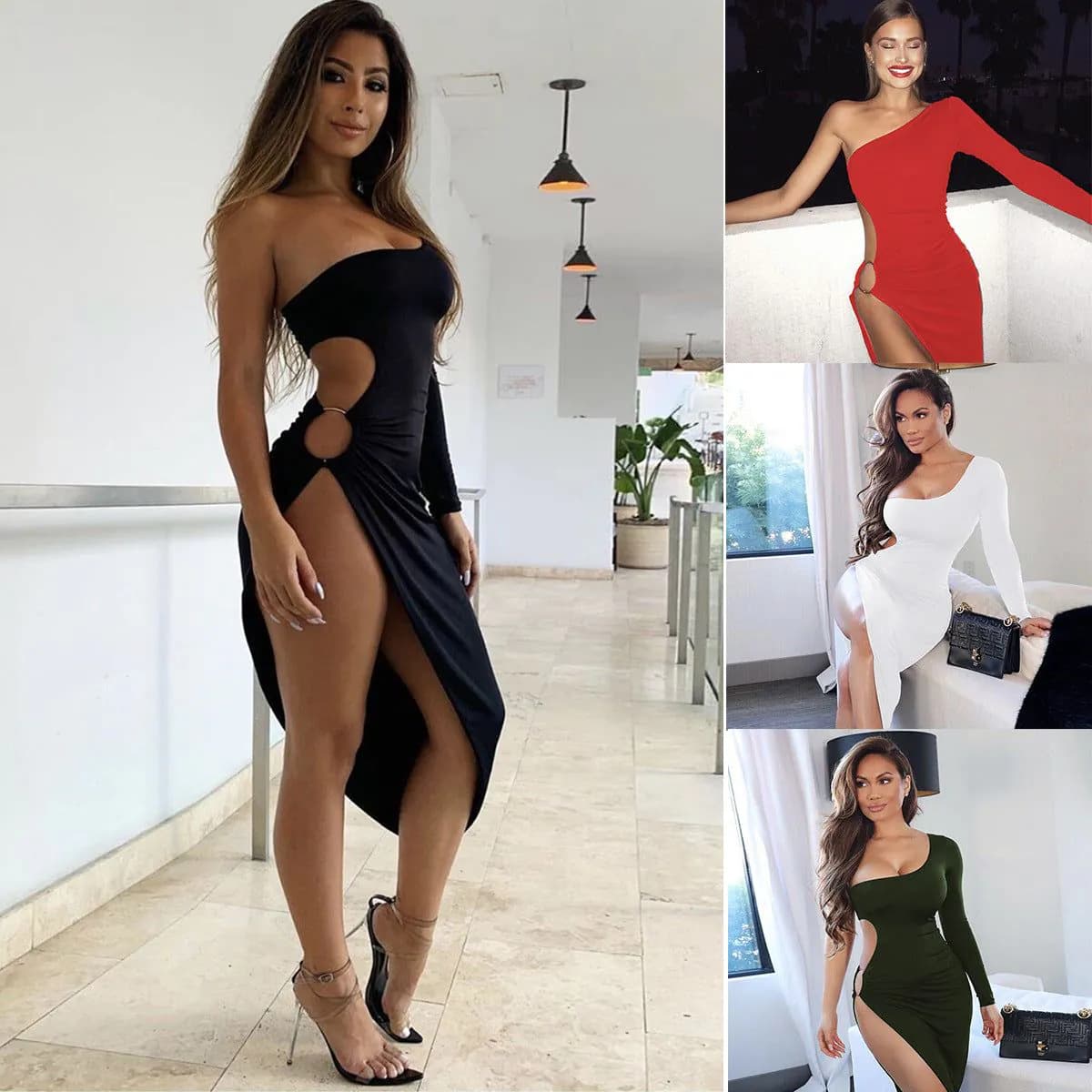 image-2020 Amazon Europe and America cross-border one-shoulder long-sleeved sexy hollow slit dress