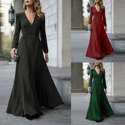 image-European American V-Neck Long Skirt Dress - Army Green XL