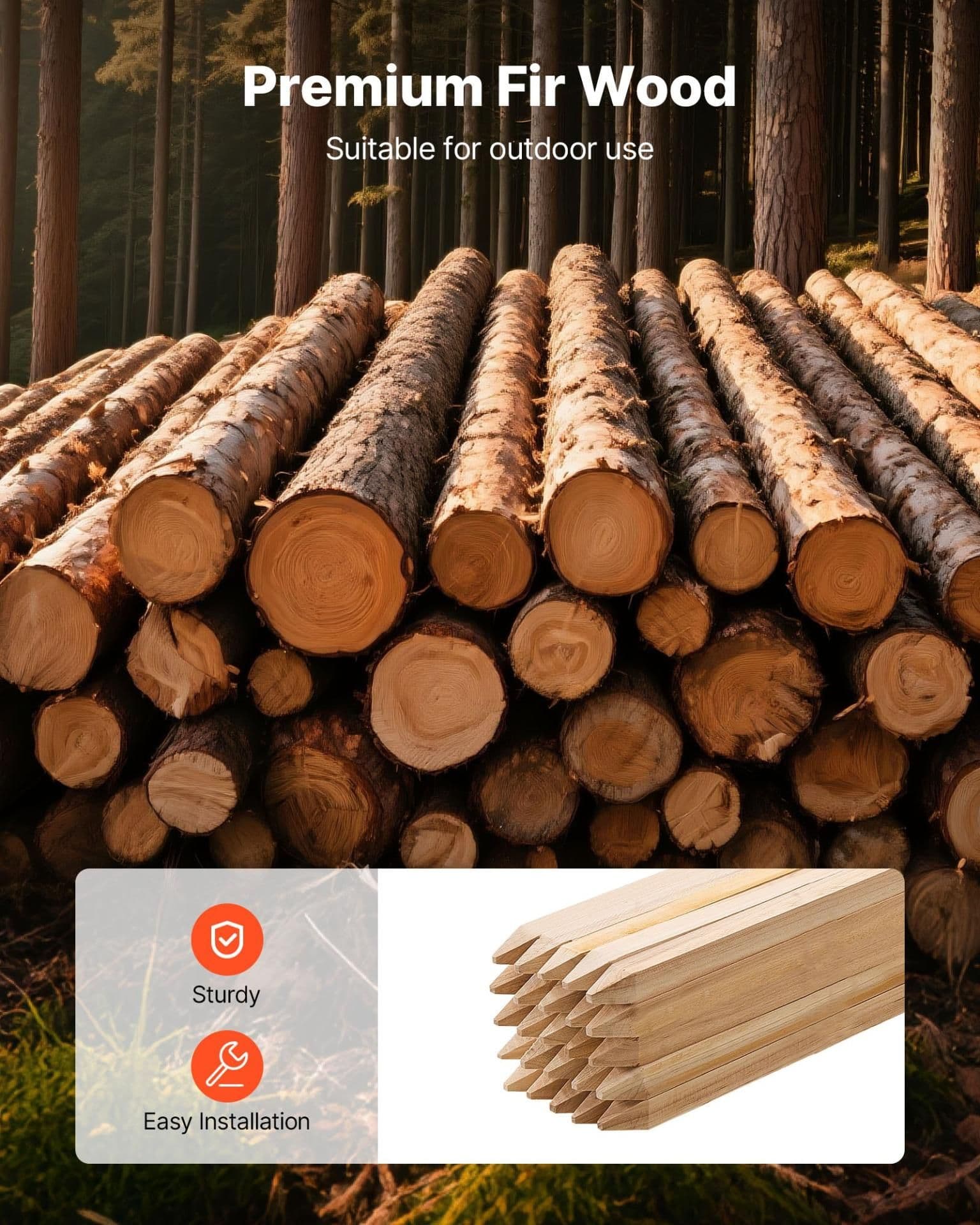 image-VEVOR Piquets de Clôture Jardin en Bois, Lot de 50, Poteaux Bois à Pointe 19,05 x 19,05 x 914,4 mm, Piquets pour Clôtures Anti-érosion, Délimiter les Zones de Jardin, Support de Croissance des Plantes
