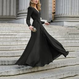 image-European American V-Neck Long Skirt Dress - Army Green XL