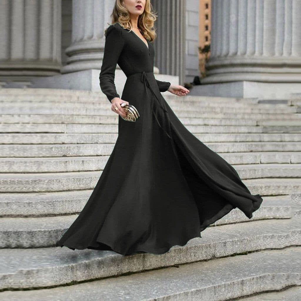 image-European American V-Neck Long Skirt Dress - Army Green XL