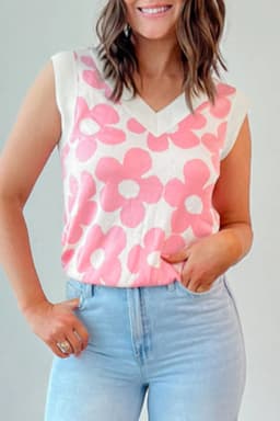 image-Pink Flower Knitted V Neck Tank Top