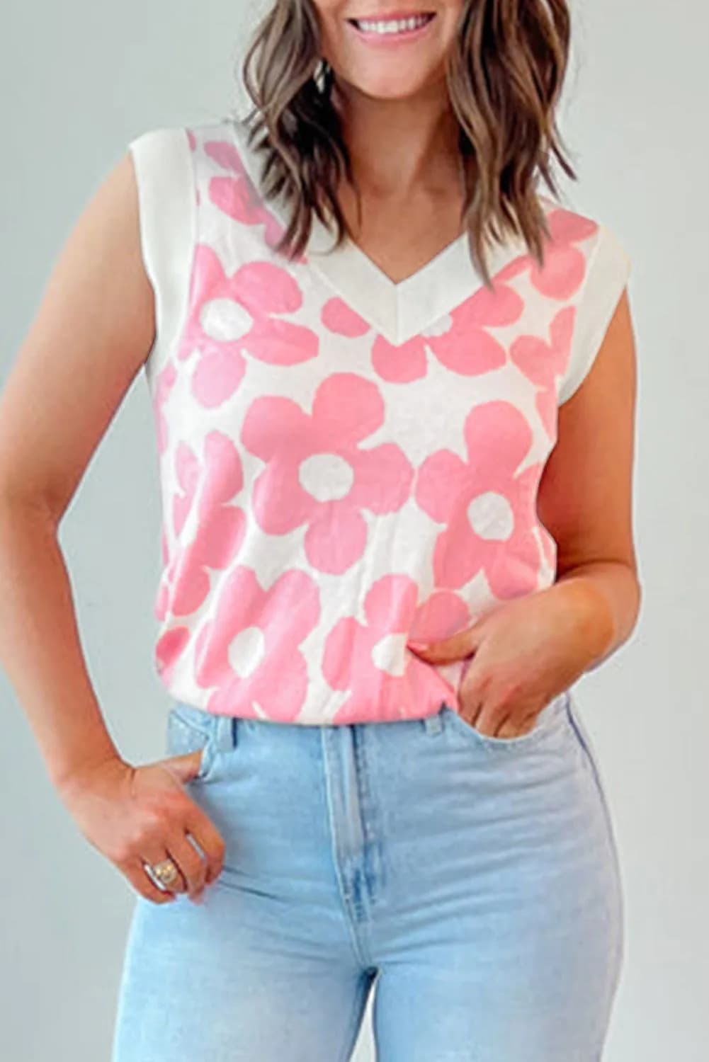 image-Pink Flower Knitted V Neck Tank Top
