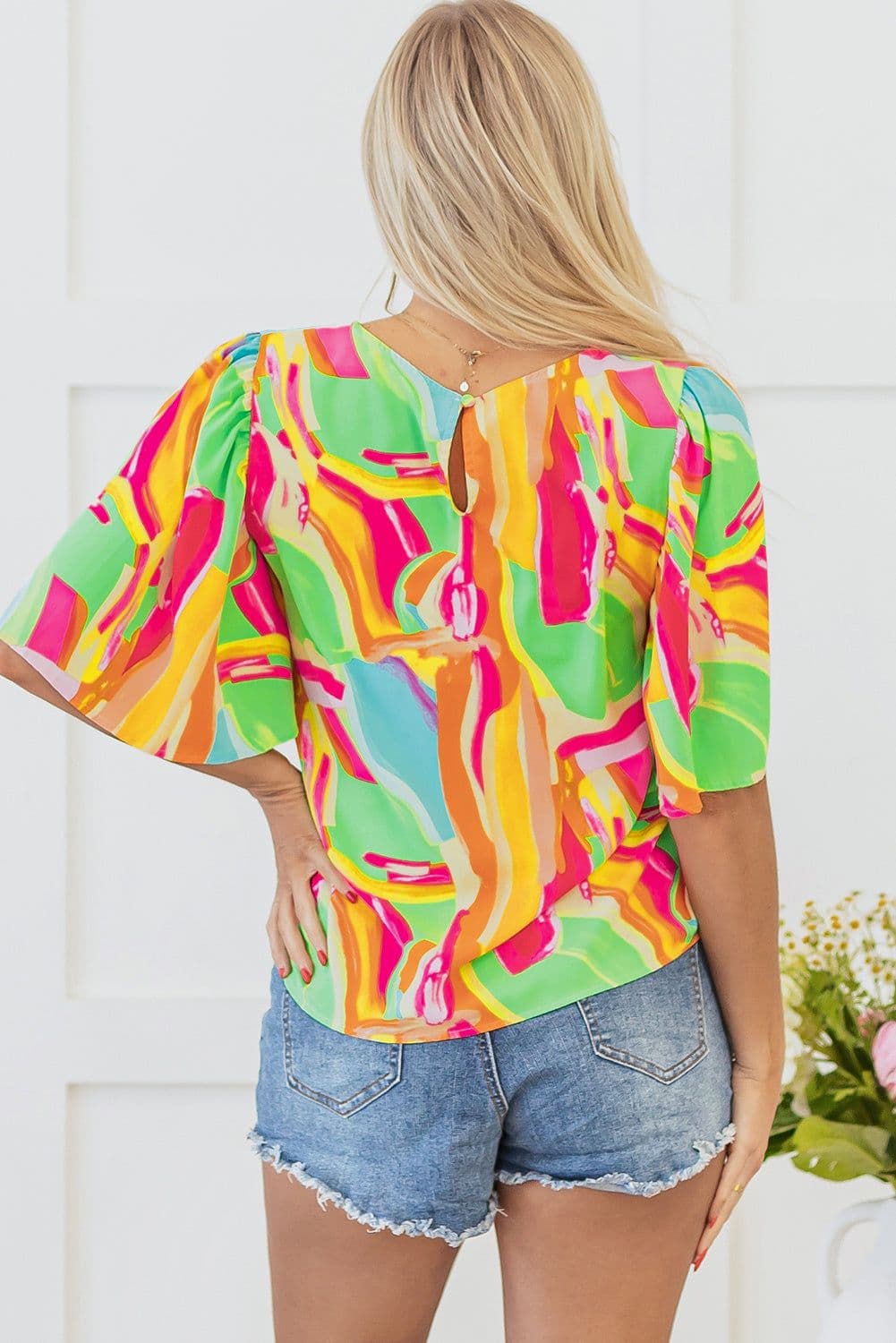 image-Multicolour Abstract Print Keyhole Back Pleated Half Sleeve Blouse