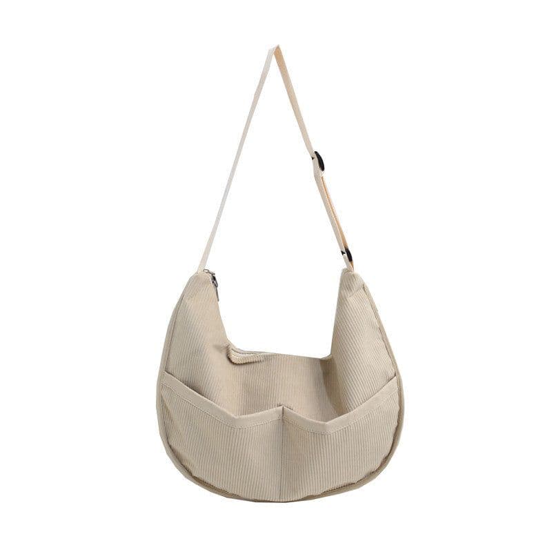 image-Retro Corduroy Dumpling Bag - Large Velvet Art Bag - Coffee Color
