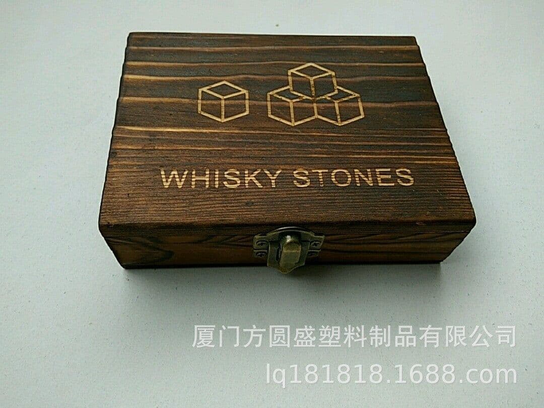 image-Wooden Whiskey Stone Set with Tweezers - Granite Ice Wine Stone
