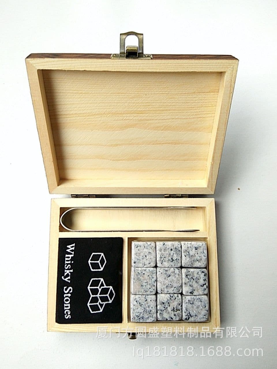 image-Wooden Whiskey Stone Set with Tweezers - Granite Ice Wine Stone