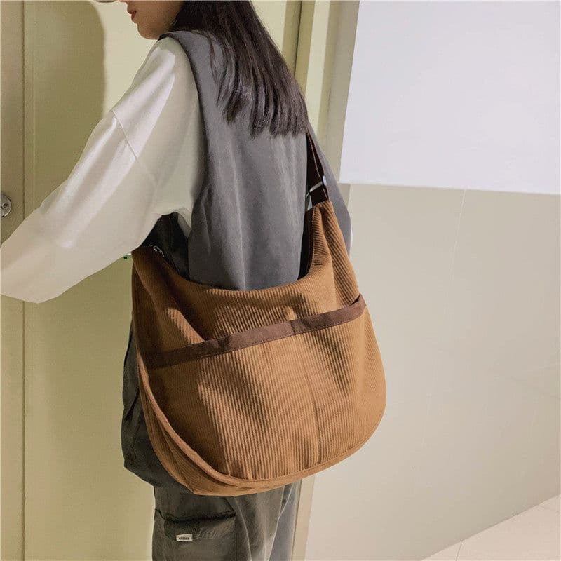 image-Retro Corduroy Dumpling Bag - Large Velvet Art Bag - Coffee Color