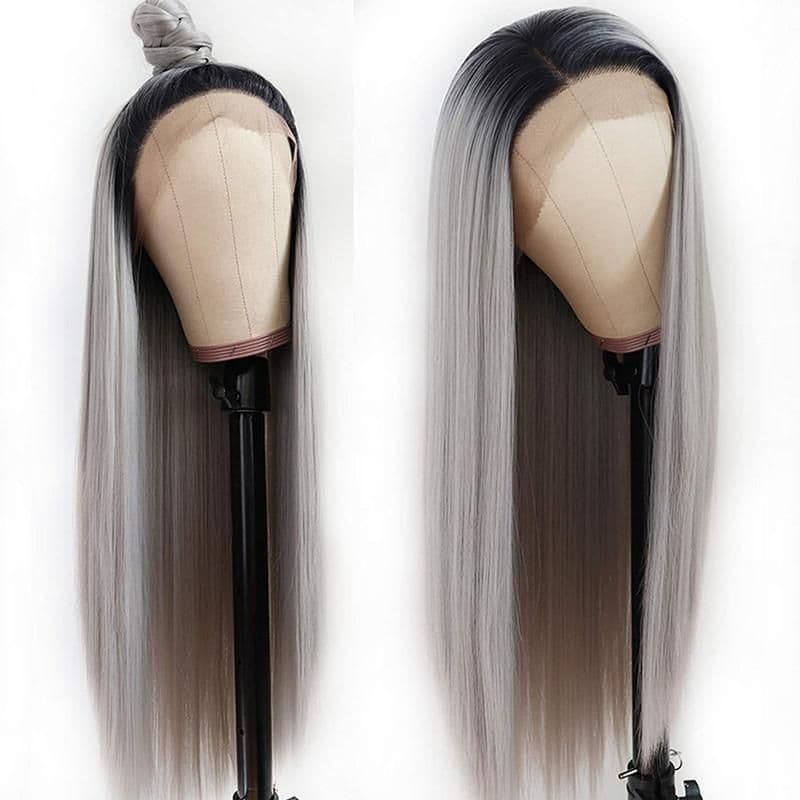 image-Natural Hairline Sliver Grey Long Straight Synthetic Lace Front Wigs