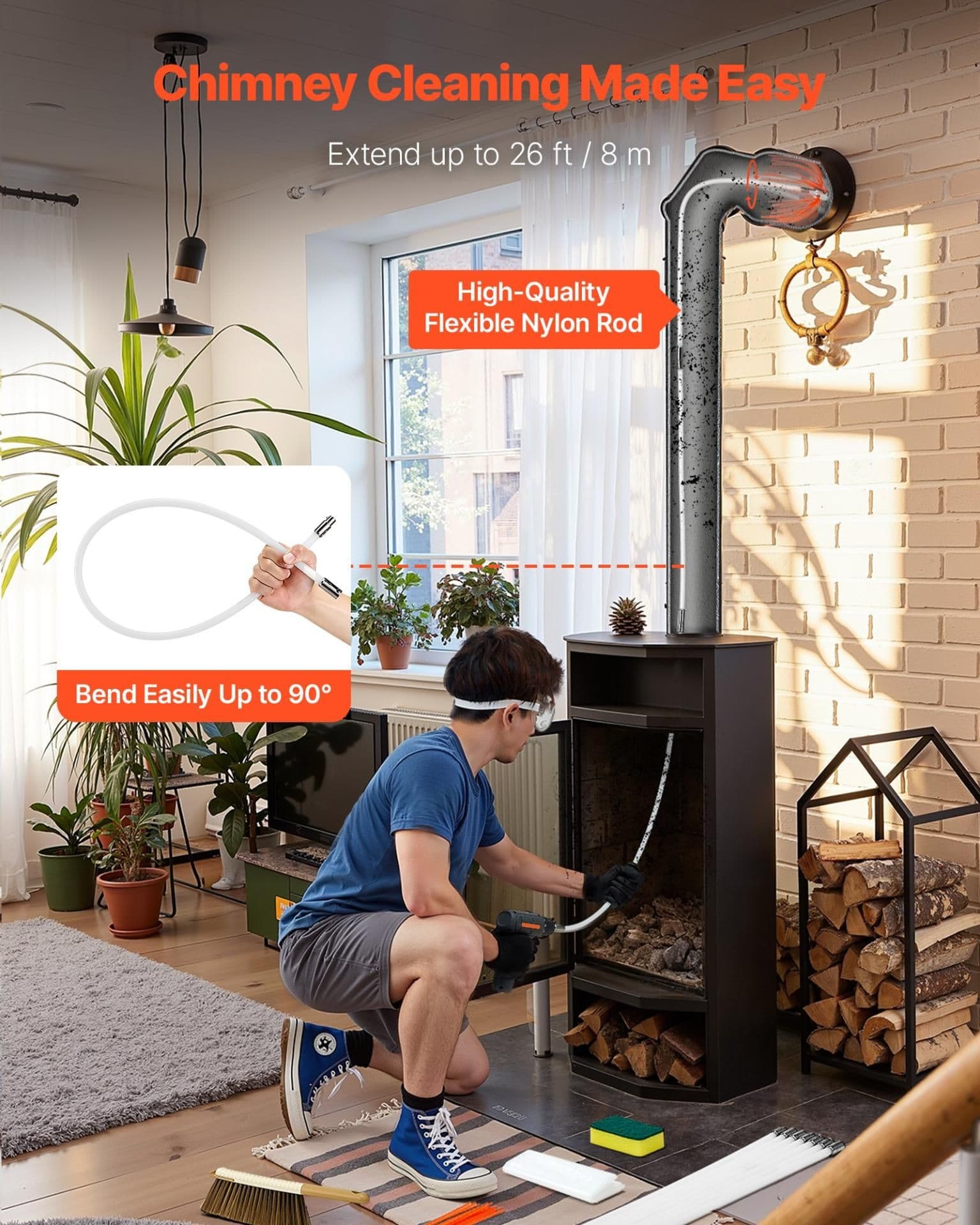 image-VEVOR Chimney Sweep Kit, 26 ft Maximum Extendable Length Chimney Brush, Chimneys Cleaning Kit with Bristle Replacements & Goggles, 90° Bendable Fireplace Cleaning Tool, for Square, Rectangle Chimneys