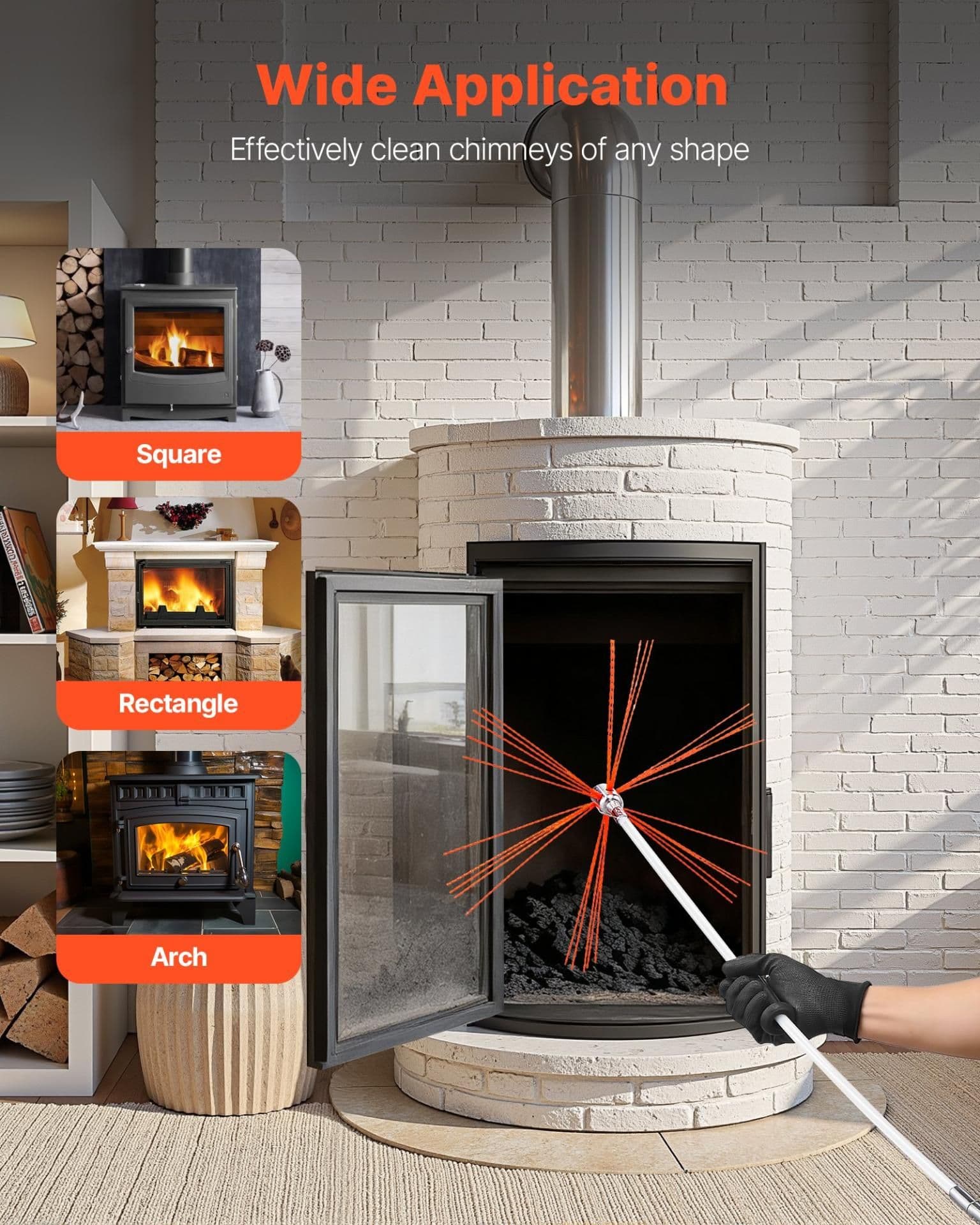 image-VEVOR Chimney Sweep Kit, 26 ft Maximum Extendable Length Chimney Brush, Chimneys Cleaning Kit with Bristle Replacements & Goggles, 90° Bendable Fireplace Cleaning Tool, for Square, Rectangle Chimneys