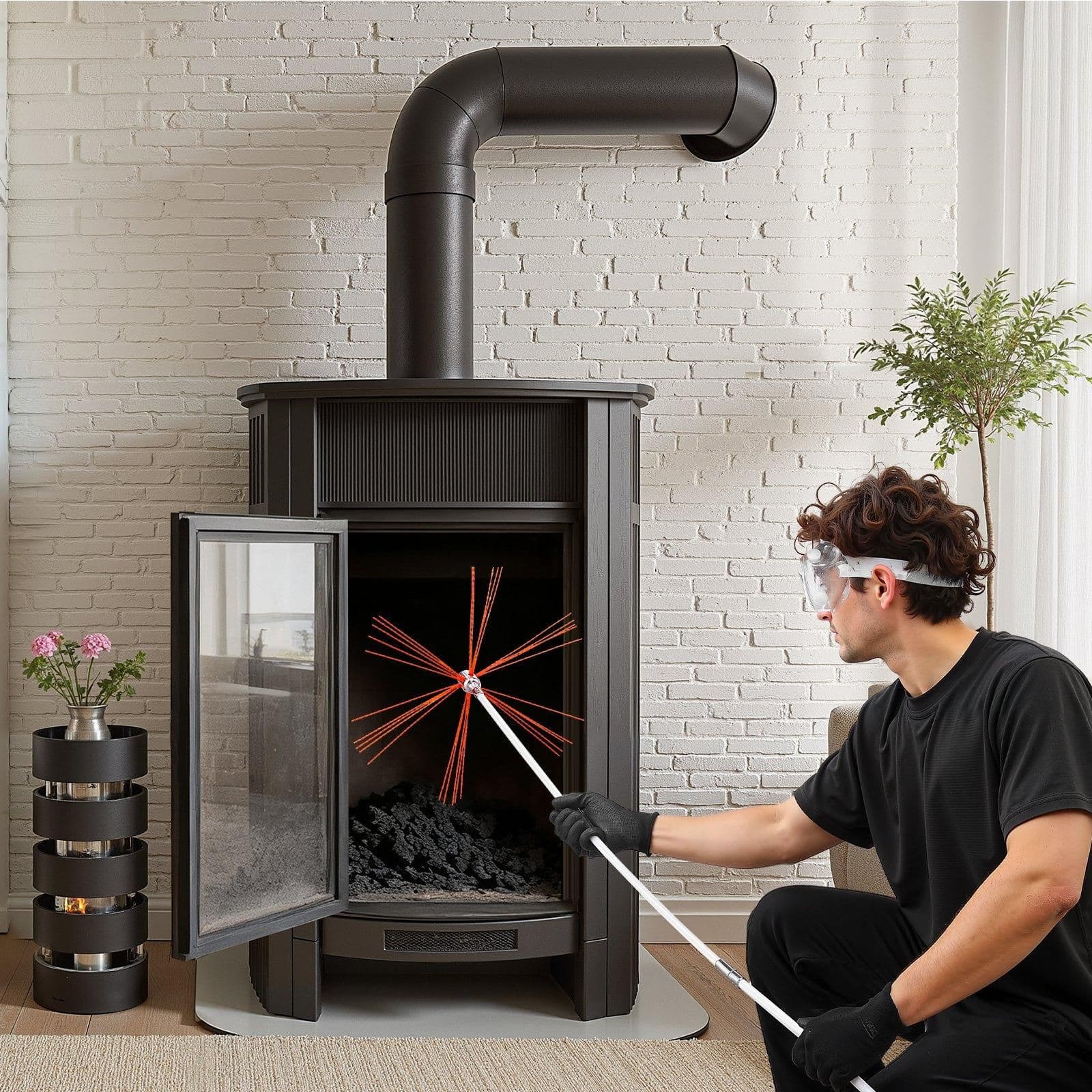 image-VEVOR Chimney Sweep Kit, 26 ft Maximum Extendable Length Chimney Brush, Chimneys Cleaning Kit with Bristle Replacements & Goggles, 90° Bendable Fireplace Cleaning Tool, for Square, Rectangle Chimneys