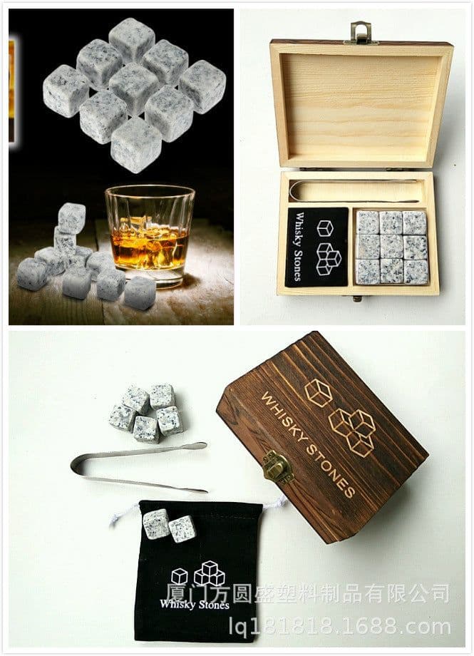 image-Wooden Whiskey Stone Set with Tweezers - Granite Ice Wine Stone