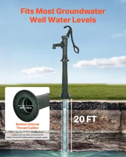 image-VEVOR Well Hand Pitcher Pump, 20 ft Max Lift, Antique Cast Iron Manual Hand Water Pump with Heightening Base, NPT 1-1/4 in Connection, Easy Installation, for Outdoor Garden, Pond, Yard, Farm, Green