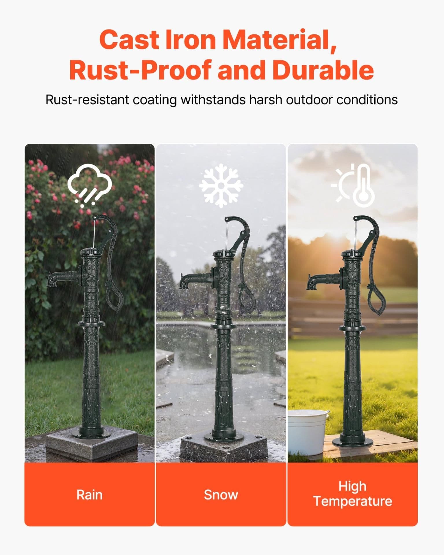 image-VEVOR Well Hand Pitcher Pump, 20 ft Max Lift, Antique Cast Iron Manual Hand Water Pump with Heightening Base, NPT 1-1/4 in Connection, Easy Installation, for Outdoor Garden, Pond, Yard, Farm, Green