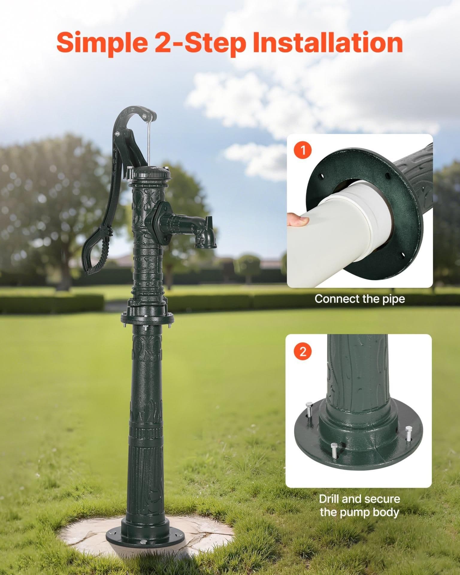 image-VEVOR Well Hand Pitcher Pump, 20 ft Max Lift, Antique Cast Iron Manual Hand Water Pump with Heightening Base, NPT 1-1/4 in Connection, Easy Installation, for Outdoor Garden, Pond, Yard, Farm, Green