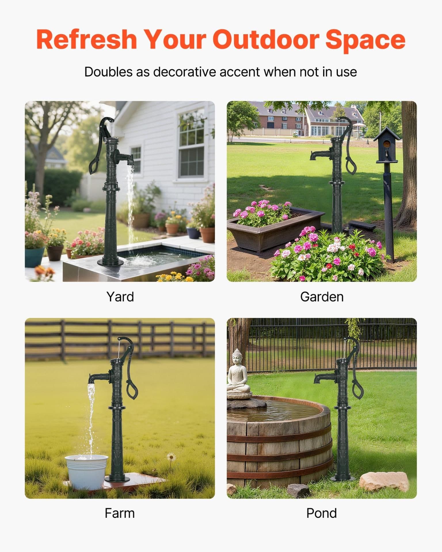 image-VEVOR Well Hand Pitcher Pump, 20 ft Max Lift, Antique Cast Iron Manual Hand Water Pump with Heightening Base, NPT 1-1/4 in Connection, Easy Installation, for Outdoor Garden, Pond, Yard, Farm, Green